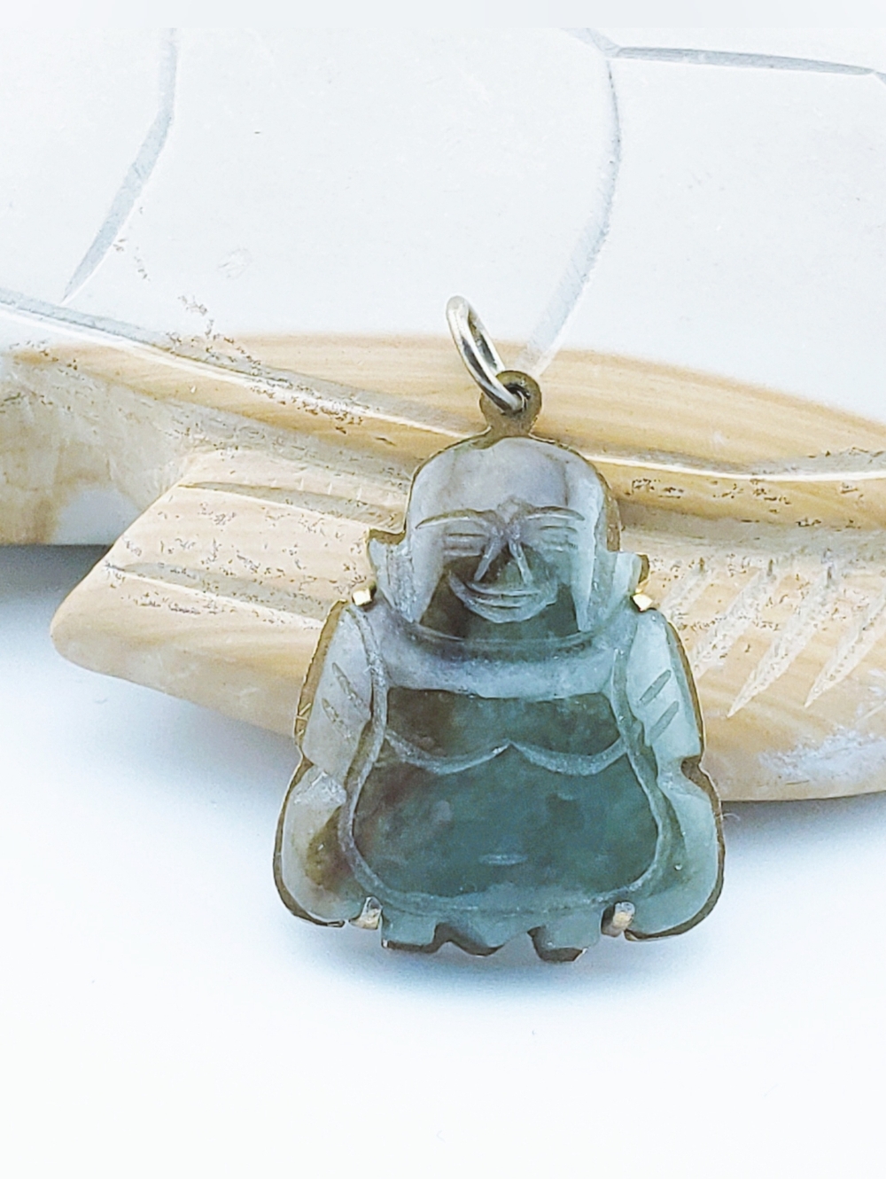 Hand-Carved Green Jade Happy Lucky Buddha Pendant. No Chain